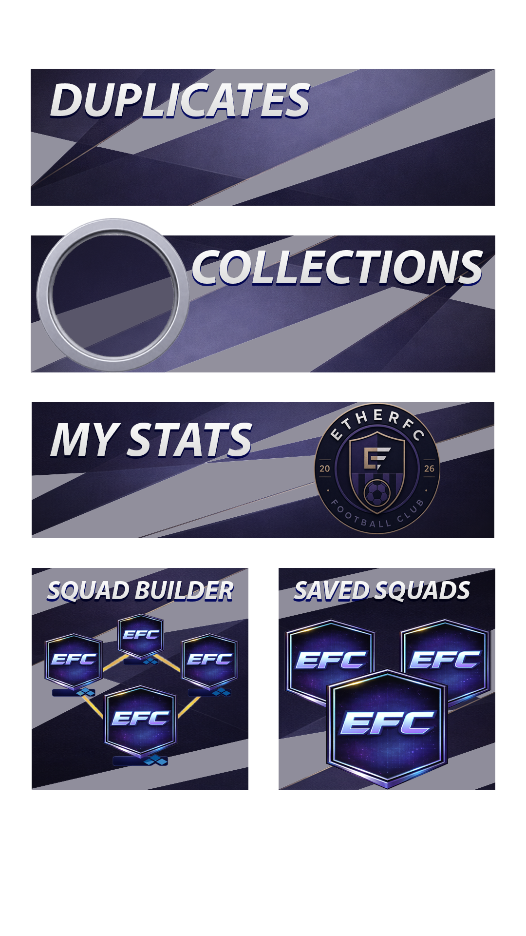 ETHERFC 26 menu showing Duplicates, Collections, My Stats, Squad Builder, and Saved Squads